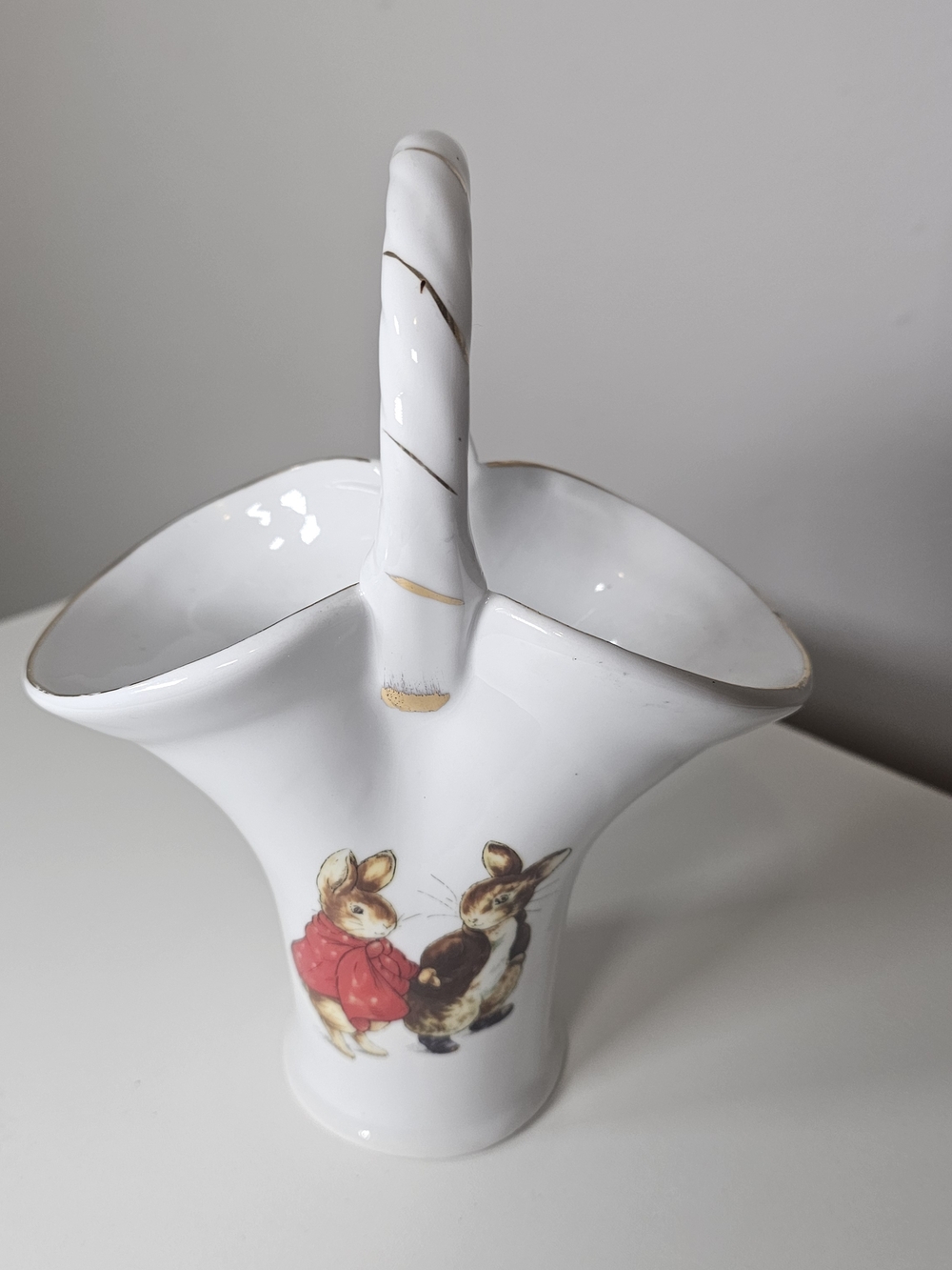 White Ceramic Bunny Basket with Gold Accent
